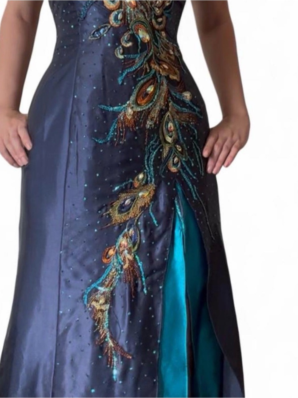 Vintage Tony Bowls Evenings Peacock Beaded Halter Gown sz 6 - Picture 4 of 8